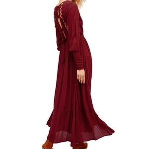 Burgundy Red Boho Tassel Lace-Up Maxi Dress